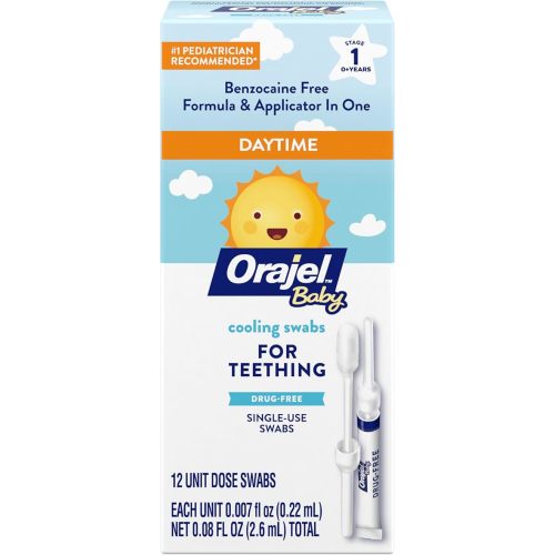 Orajel Baby Daytime Cooling Swabs for Teething, Drug-Free, 1 Pediatrician Recommended Brand for Teething*, 12 Swabs (Packing May Vary)