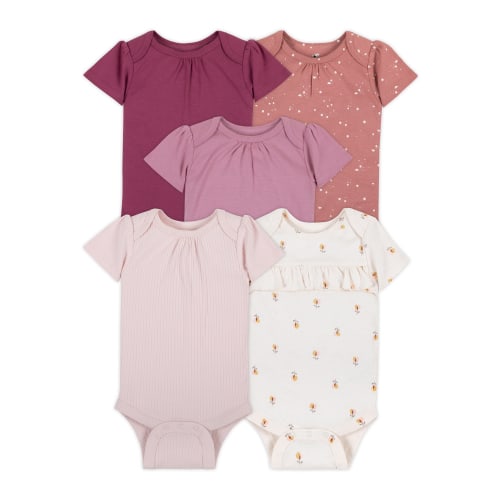 Little Star Organic Baby Girl 5Pk Short Sleeve Bodysuit, Size Newborn - 24M