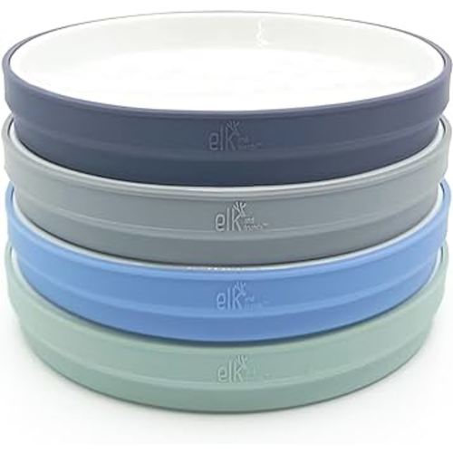 Elk and Friends Kids 7.8” Porcelain White Plates with Silicone Sleeves | Suitable for Kids/Toddlers | Microwave & Dishwasher Safe | Non Slip | Snack Dishes