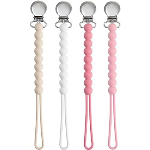 Pacifier Clip for Boys Girls - MORIBOX 4 Pack Paci Clip Soothie Baby Binky Holder for Shower Gift Birthday (Beige+White+Pink+Dpink)