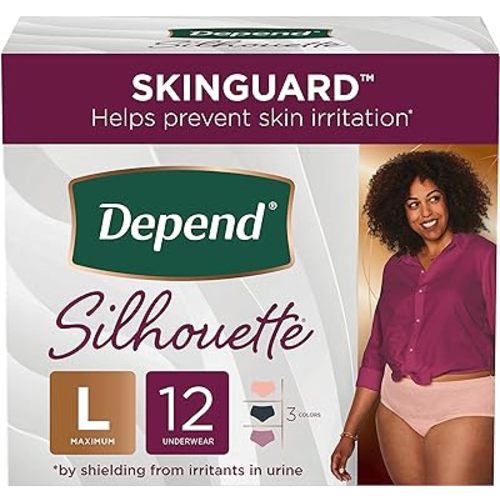 Depend Silhouette Adult Incontinence and Postpartum Underwear for Women, Large, Maximum Absorbency, Black, Pink and Berry, 12 Count, Packaging May Vary