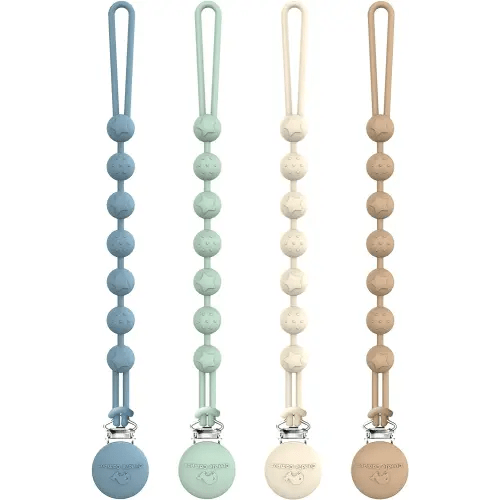 Cuddle Campus Silicone Pacifier Clip Holder with One Piece Design, Pack of 4 Soft Flexible Binky Clips with Texture for Baby Boy and Girl