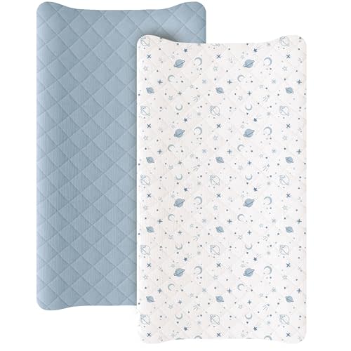 Konssy Waterproof Muslin Changing Pad Cover 2 Pack, Quilted Cotton Fitted Diaper Changing Table Cover, Soft Changing Pad Sheets for Girls Boys (Star,Blue)