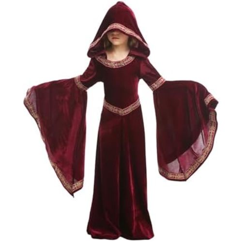 BJU Girls Medieval Princess Costume Renaissance Costume Kids Hooded Robe Dress Halloween Cosplay