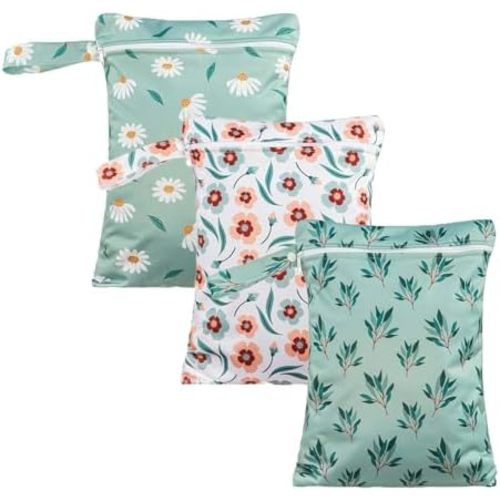 Happy Flute 3 Set Wet Bag Storage Bag Zipper Waterproof Washable Travel Bags, Beach, Pool, Gym Bag for Cloth Diaper, Swimsuits & Wet Clothes for Baby,11.8x15.7inch (Daisy)