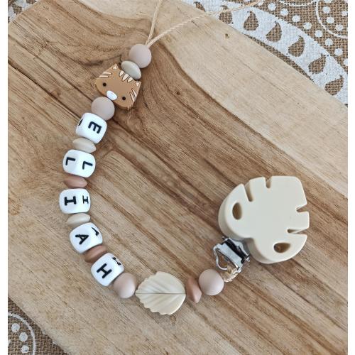personalized pacifier clip silicone cat kitten leaf Light brown taupe and beige - personalized baby gift pacifier clip forest