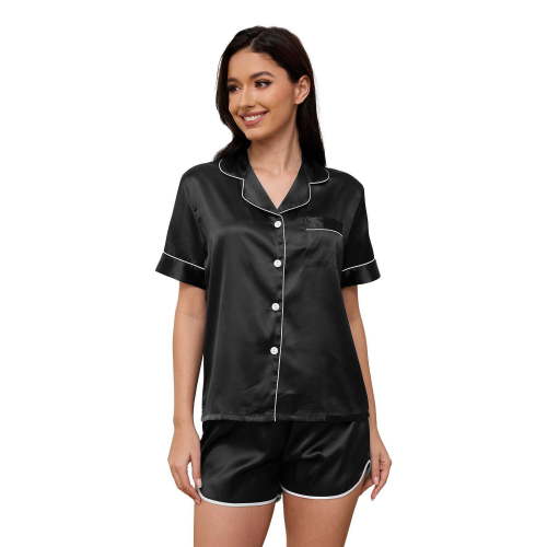 Silk Satin Pajama Set for Women, PUTUO 2 Piece Womens Pajama sets, Summer Soft Button Down Loungewear Pajama Shorts Set