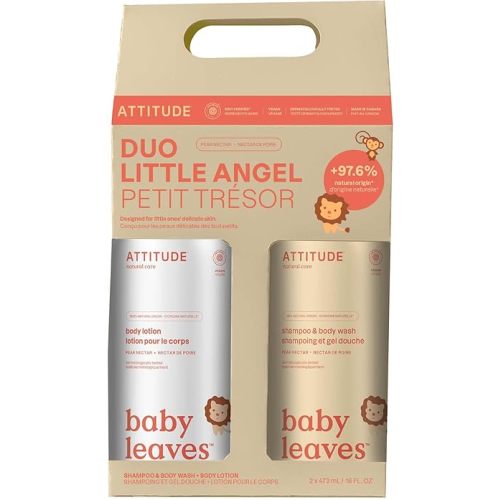 ATTITUDE Baby 2-in-1 Shampoo & Body Wash and Baby Lotion Set, EWG Verified, Dermatologically Tested Soap and Moisturizing Cream, Vegan, Pear Nectar, 16 Fl Oz each