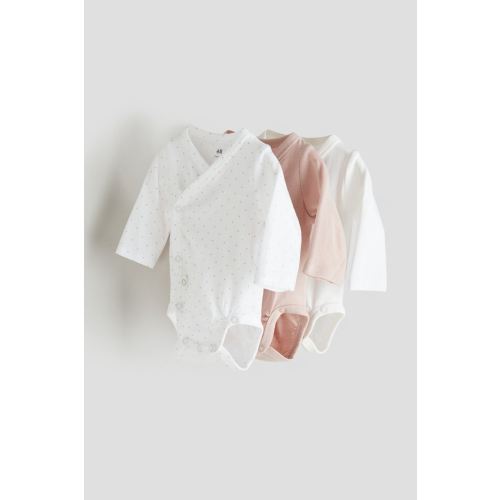 3-pack Long-sleeved Bodysuits, V-neck, Long sleeve, Dusty pink/dotted