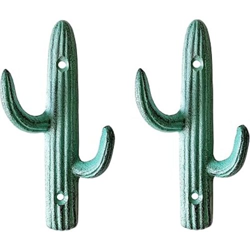 Rustic Cactus-Shaped Decorative Wall Hook Rack Hangers for Hanging Clothes, Coats, Towels, Keys, and Hats, 2-Pack Antique Cast Iron Mounted Wall Hooks