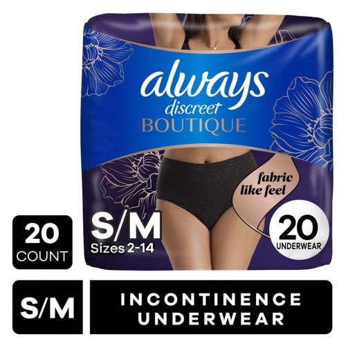 Always Discreet Boutique Incontinence and Postpartum Underwear for Women, Maximum Protection, S/M, Black, 20 Count HSA/FSA Eligible