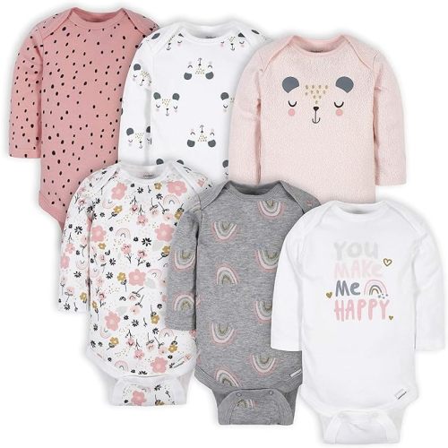 Gerber Baby-Girls 6-Pack Long-Sleeve Onesies Bodysuits - 0-3 Months - Bear Pink