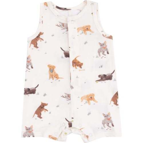 Sleeveless Shortie Romper, Watercolor Puppies - Angel Dear | Maisonette