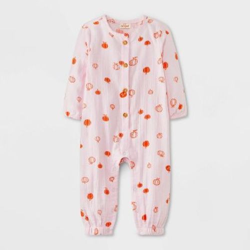 Baby Halloween Long Sleeve Gauze Pumpkin Romper - Cat & Jack™ Pink 0-3m