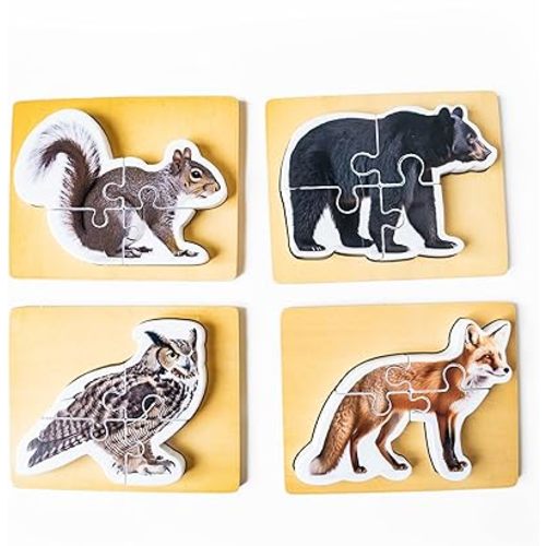 Wooden Montessori Animal Puzzles for Toddlers 2+ Years | Realistic Chunky Woodland Animal Shape Puzzle | Educational Learning Toy - Four-Piece Woodland Creature Puzzles