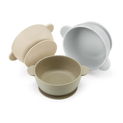 PandaEar 3 Pack Baby Bowls with Suction| Stay Put Silicone Food Bowl for Babies Kids Toddlers Infants| Food Grade Soft Safe BPA-Free Silicone (Brown Grey Tan)