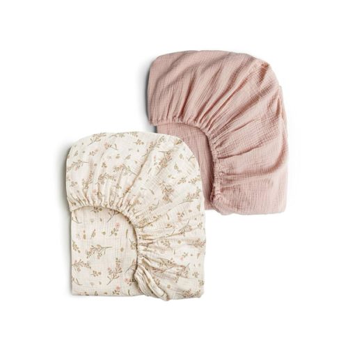 Konssy Muslin Crib Sheets for Girl Boy, 2 PCS Soft and Breathable Cotton Baby Sheets for Standard Crib Mattress, 52"x 28" (Floral, Pink)