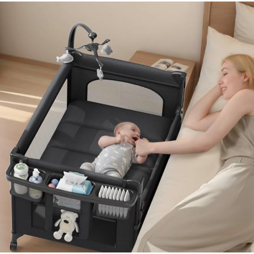 4 in 1 Baby Bassinet, Pack and Play, Bedside Crib Sleeper, Diaper Changer, Quickly Assembled and Folded Portable Crib with Mattress and Mosquito Net, Easy to Carry