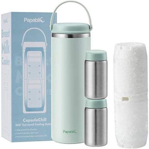 Papablic Innovative 360° CapsuleChill Breastmilk Cooler for 36H Safe Storage, 20oz Stress-Free Portable Breast Milk Chiller with 2pcs Stainless Steel Baby Bottles for Work & Travel, Mint Green