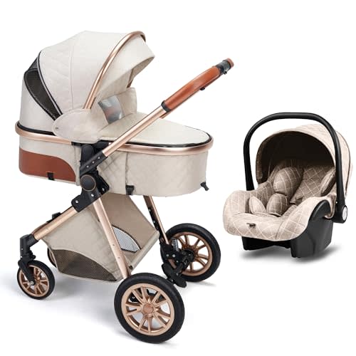 Luxury Pram High Landscape Stroller Folding Pushchair with Removable Bassinet for 0-36 Months Kids (Beige Without Base, 3in1 Without Base)