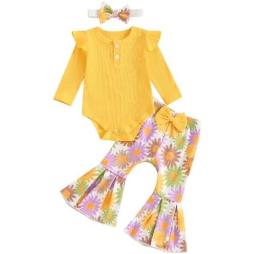fhutpw Newborn Baby Girl Clothes Rib Frill Long Sleeve Romper Daisy Flared Pants Headband Set 3pcs Fall Winter Outfits