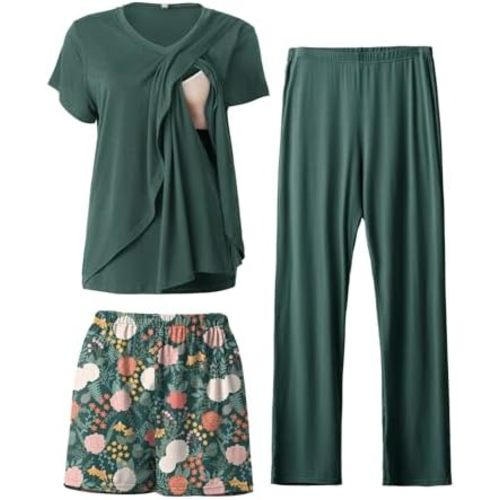 Rnxrbb V Neck Nursing Pajamas Set 3 Pack Postpartum Pjs Breastfeeding Sleepwear for Women Double Layer with Pockets