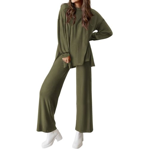 PRETTYGARDEN Womens 2 Piece Outfits Crewneck Long Sleeve Pullover Tops Wide Leg Long Pants Casual Lounge Set Travel Tracksuit