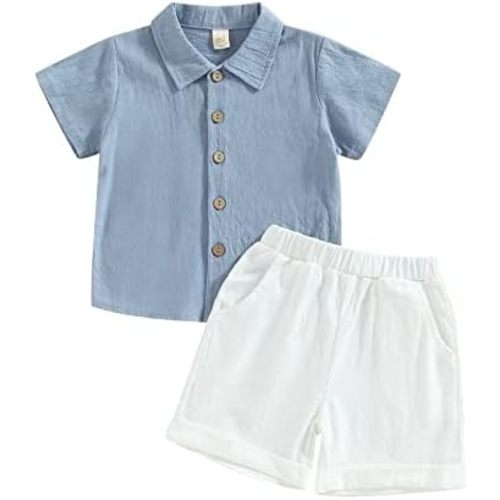 Karuedoo Toddler Baby Boy Clothes Cotton Linen Short Sleeve Button Down Shirt Shorts Set 2Pcs Summer Outfits
