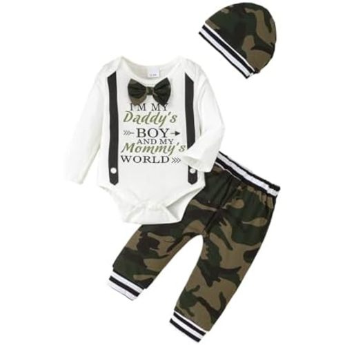 Baby Boy Clothes Newborn Boy Outfit Fall Winter Infant Letter Print Long Sleeve Romper Bodysuit Camouflage Pants
