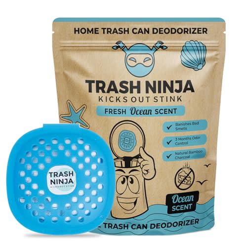 Trash Ninja Trash Can Deodorizer - Garbage Can Deodorizer with Activated Charcoal, Reusable Trash Can Odor Eliminator, Stick On Garbage Can Air Freshener, Trash Deodorizer with a Fresh Ocean Scent