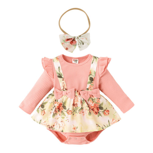 PatPat Ribbed Floral Baby Romper Dress Long Sleeve,Long Sleeve Bodysuits Infant Jumpsuit Clothes,0-18month