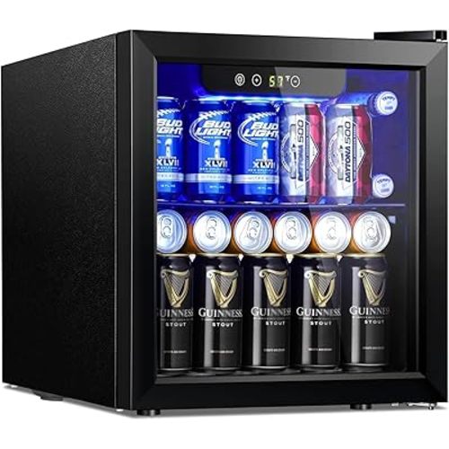 Beverage Refrigerator and Cooler, 48 Can/12 Bottle Mini Fridge with Glass Door, Small Mini Drink Fridge with Adjustable Shelves for Soda Beer or Wine, Perfect for Home/Bar/Office, Luxury Black