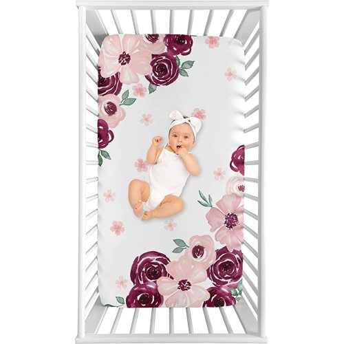Sweet Jojo Designs Burgundy Watercolor Floral Girl Fitted Crib Sheet Baby or Toddler Bed Nursery Photo Op - Blush Pink, Maroon, Wine, Rose, Green and White Shabby Chic Flower Farmhouse