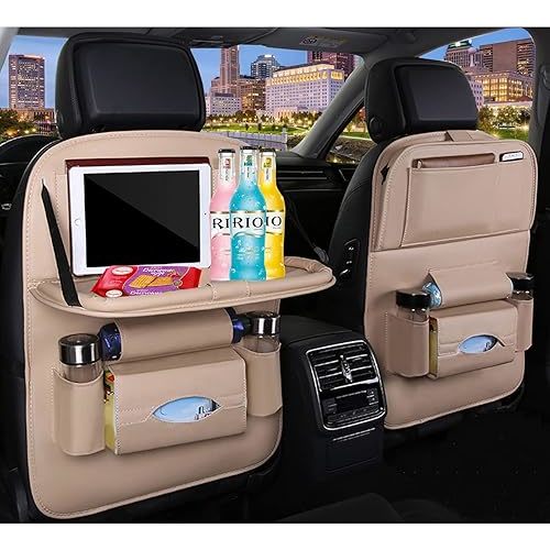 Premium PU Leather Backseat Seat Organizer with Foldable Table, Multi-Storage Pockets and Adjustable Buckle Strap - Beige