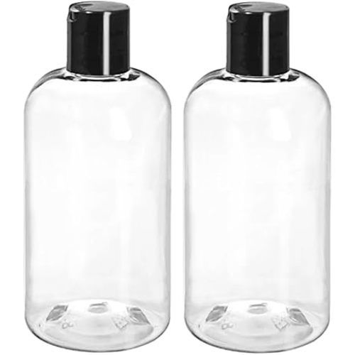 ljdeals 8 oz Clear Plastic Empty Bottles with Black Disc Top Caps, Squeezable Refillable Containers for Shampoo, Lotions, Cream and More, Pack of 2, BPA Free, Made in USA