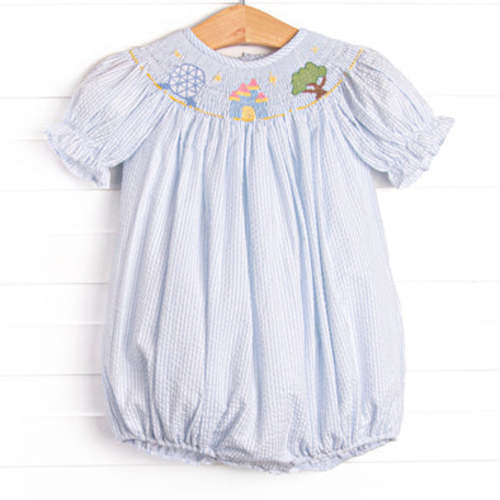 Amusement Park Adventures Smocked Puff Sleeve Bubble, Blue Seersucker – Stitchy Fish