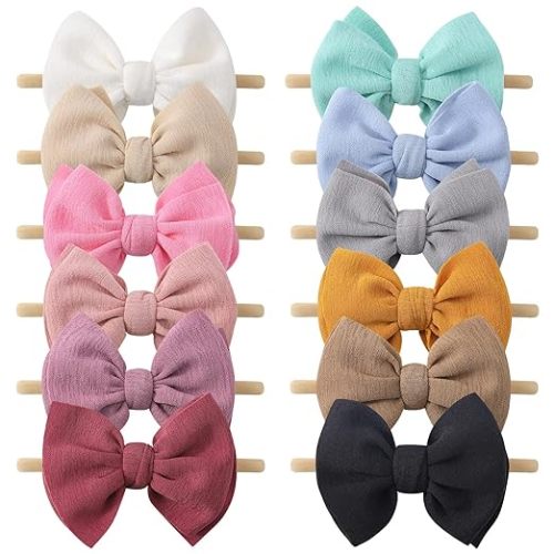 12 PCS Baby Headbands and Bows Baby Girl Bows Soft Nylon Baby Hair bands with Bows Hair Accessories for Newborn Infant Toddlers Kids - 12PCS