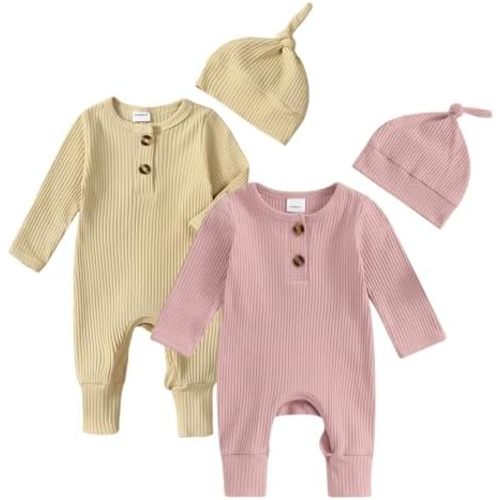 Infant Boys Girls Clothes Set Newborn Baby Romper Hat Ribbed Knit Long Sleeve Button Solid Bodysuit Jumpsuit