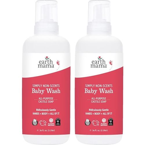Earth Mama Simply Non-Scents Baby Wash Foaming Hand Soap, Organic Fragrance Free Body Wash, Unscented Body Wash, Castile Soap with Coconut Oil, Shea Butter, Calendula, & Aloe, 34floz (2-PK)