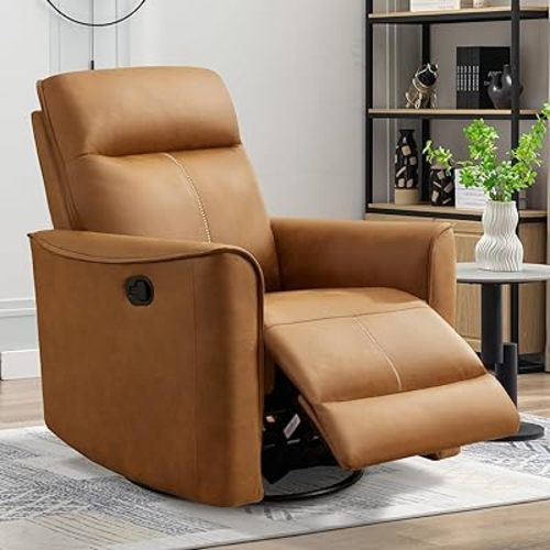 ANJ Manual Swivel Rocker Recliner, Glider Recliners with Padded Armrest and Backrest, Soft Leather Nursery Rocking Recliner Chair Reclining Sofa for Living Room