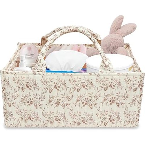 Floral Diaper Caddy Organizer, Portable Baby Storage Basket with Handle, Large Nursery Storage Bin and Car Organizer for Wipes, Gift for Baby Shower, Newborn Essentials, Baby Registry Must Have