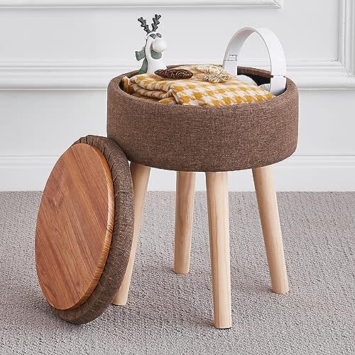 Mxfurhawa Storage Ottoman Foot Stool Linen Round Vanity Stool Tray Top Footstool with Wood Legs Multifunctional Upholstered Foot Rest Ottoman for Living Room, Bathroom, Makeup (Brown)