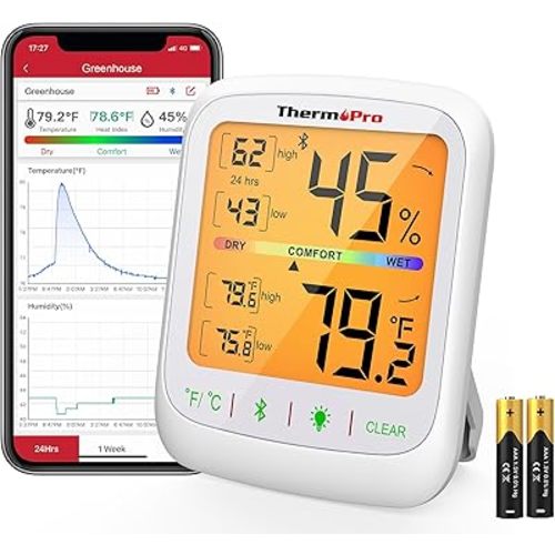 ThermoPro TP359 Bluetooth Hygrometer Thermometer, 260FT Wireless Remote Temperature and Humidity Monitor, with Large Backlit LCD, Indoor Room Thermometer and Humidity Gauge, Max Min Records