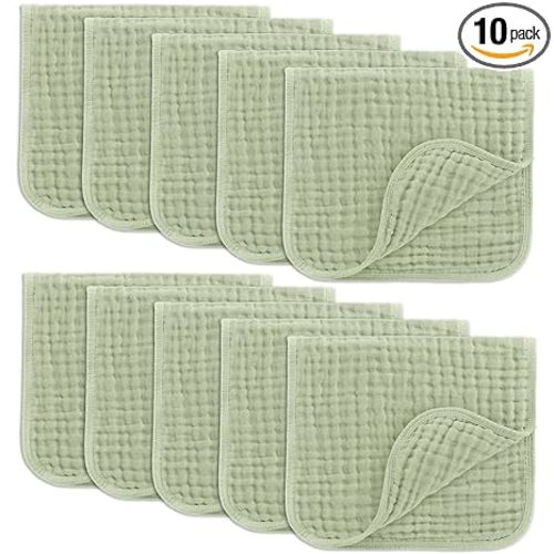 Comfy Cubs Muslin Burp Cloths 20" x 10", Pack of 10 - Large, 6-Layer, Ultra Absorbent 100% Cotton for Baby Drool and Messes - Soft, Safe & Gentle Baby Burp Cloths for Boys & Girls - Sage