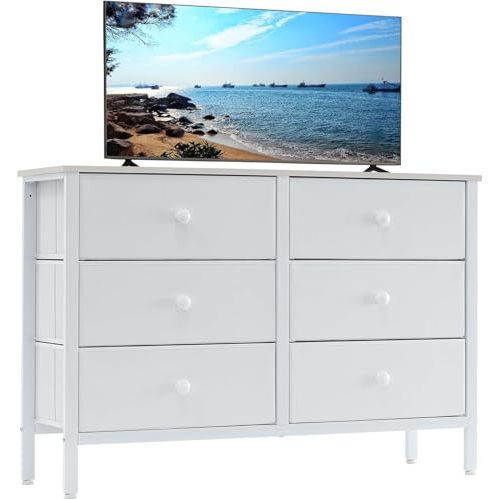 LYNCOHOME White Dresser for Bedroom, 6 Drawer Wooden Dresse, Small Dresser for Bedroom and 50" Tv, Entertainment Center with Metal Frame, Wooden Top,Dressers for Kids, Fabric Dressers for Nursery