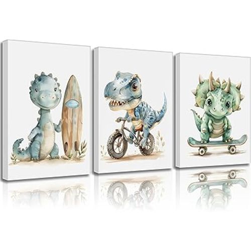 Funny Dinosaur Nursery Canvas Wall Art Surfing Skateboard Riding Dinosaur Painting Picture Wall Decor Sport Nursery dinosaur Print Artwork Poster Print Artwork for Boys Room Girls Room Home Decoration