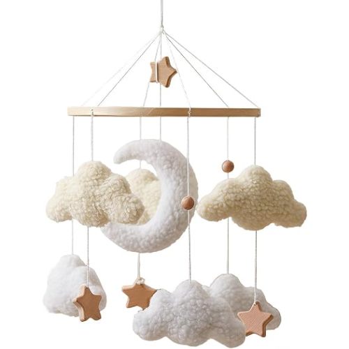 Cloud Crib Mobile Ornament, Bohemian Nursery Crib Mobile With Plush Moon, Clouds And Wooden Stars Rotating Soothing Educational For Young Child Boys Girls Preschoolers Bassinet Bedroom Wall Window