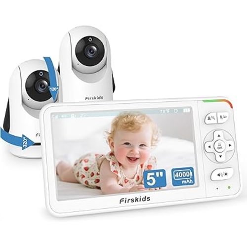 Baby Monitor with 2 Cameras, 5” Video Baby Monitor with Dual Camera and Audio no WiFi, 32-Hour Battery, 2 Way Talk, Temperature Sensor, Auto Night Vision, Ideal for Monitor Baby and Elderly