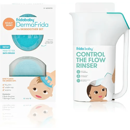 FridaBaby Control The Flow Rinser + DermaFrida The SkinSoother Silicone Brush | Bath Time Essentials