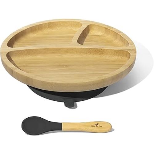Avanchy Toddler Baby Plates Divided Bamboo, Suction for Babies Kids Toddler Food with Silicone Spoon for Feeding, Black